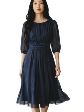 Max And Cleo Blue Silk Puffy Sleeve Beaded BalletCore Dress NWOT Size 8